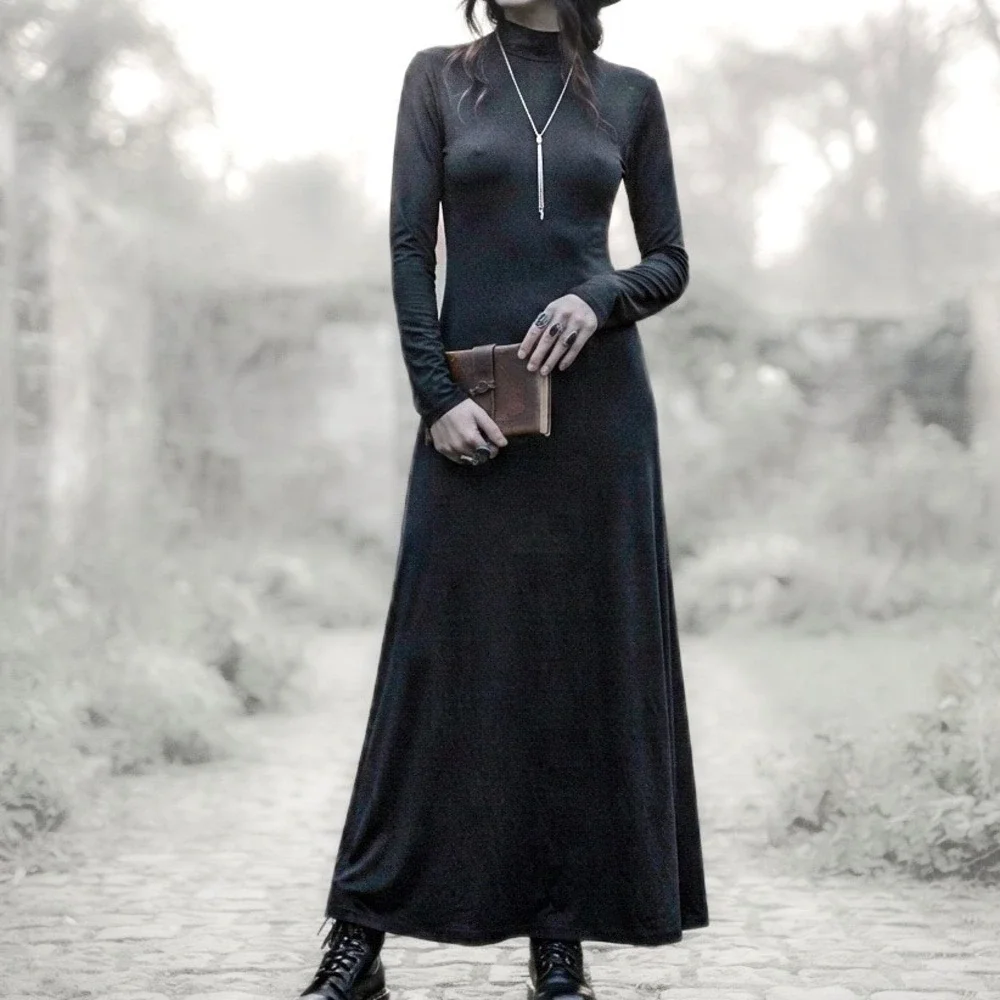 Black Maxi Dress Sz XL Mock Neck Long Sleeve Evening Bodycon Stretch Witchy Fall